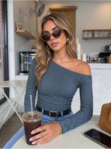 Dusty Blue Lace Asymmetrical Off-Shoulder Stretchy Zesica Fall Fitted Blouse NWT Photo 0
