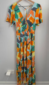 Mabel Hilda Midi Dress Green Orange Abstract Resort Tropical Groovy‎ Photo 0
