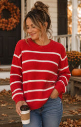 Maurices Crewneck Sweater - Women’s Plus Size XXL ~ Coral Red Stripe ~ Soft Cozy Photo 0