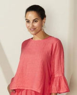 Bryn Walker Fran Top Medium Coral Linen Ruffle Bell Sleeve Top Boho Lagenlook Photo 0