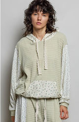 POL Mixed Knit Contrast Print Sleeve Hoodie with Kangaroo Pocket - Sage - Medium Photo 0