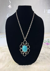 Silver vtg Tone Turquoise Oval Pendant‎ Statement Necklace Women Fashion Jewelry Photo 0