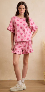 BiBi Polka Dots Printed Ruffled Detail Top And Shorts Set - Blush/Pink - XL Photo 0