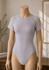 OQQ Light Gray Bodysuit Size Small Short Sleeve Square Neck Top Photo 0