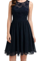 Azazie Floral Fit & Flare Dress Lace Illusion Chiffon Sweetheart Navy Medium Photo 0