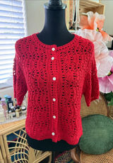 Zara Red Crochet Knit Short Sleeve Button Up Cardigan Sweater Photo 0