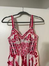 Red and white floral and paisley print maxi dress with ruffle hem Photo 0