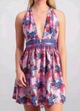 Free People Size MED Purple Tropical Daydream Mini Dress Feather Peacock Print Photo 0