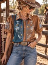 Embroidered Western Blouse Small Brown Teal Puff Sleeve Boho Cowgirl Shirt Photo 0