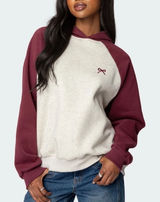 Edikted Womens Burgundy Grey Melange Raglan Bow Embroidered Fleece Hoodie XS Photo 0