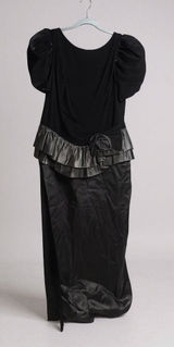 Vintage 1980s Black Velvet Evening Gown Puff Sleeve Ruffle‎ Skirt Formal Dress Photo 0