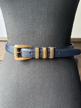 Brighton Navy Leather Belt with Gold-Tone Buckle Photo 0