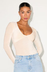 NWT: Lulus Stelly Shiny Light Beige Velvet Textured Long Sleeve Bodysuit Photo 0