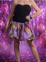 Vtg Strapless Mini Dress 8 Black Floral 80s‎ Velvet Bubble Skirt Prom Homecoming Photo 0