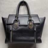 Black Faux Leather Satchel Handbag‎ Large Tote Purse Gold Hardware Edgy Workwear Photo 0