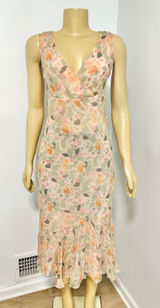 Y2K Mimi Maternity Silk Floral Midi Dress Peach V-Neck Ruffle Whimsy Fairy Small Photo 0
