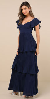 NWT Lulus Notorious Charm Navy Blue Pleated Flutter Sleeve Maxi Dress Gala Sz L Photo 0