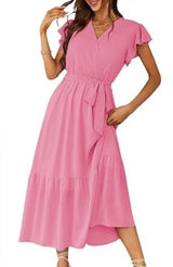 Prettygarden pink boho flowy Maxi wrap dress V Neck short Ruffle sleeve NWT SM Photo 0