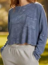 Altar'd State Blue Cropped Thermal Waffle Knit Long Sleeve Top Size L Pocket Photo 0