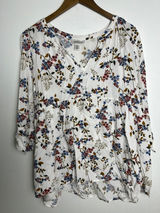 Motherhood Maternity Floral Babydoll Blouse White Blue XL 3/4 Sleeve V-Neck Top Photo 0