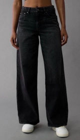 American Eagle Super High-Rise Ultra Wide Leg Jeans Black Strigid Womens 8 Short Photo 0