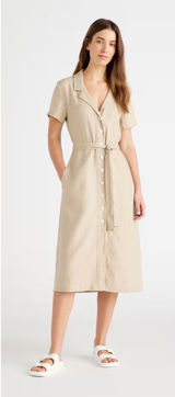 Quince 100% European Linen Button Front Belted Midi Shirt Dress Sand Beige L Photo 0