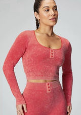 Fabletics Top Size Small‎ Red Henley Crop Long Sleeve Ribbed Y2K Style Babydoll Photo 0
