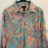 Lauren Ralph Lauren Women's Paisley Button Shirt Blouse Teal Pink Yellow Medium Photo 0