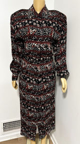 Vintage Maggy London Black Burgundy Geometric Floral Rayon Midi Dress Size 10 Photo 0