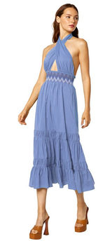 Misa Karolina Dress Blue Halter Smocked Fit & Flare Poplin Midi‎ Dress Size XS Photo 0