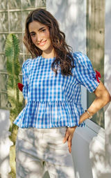 SO‎ ME 4th Of July Gingham Ribbon Detail Short Sleeves Blouse - Large Photo 0