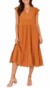 Emery Rose Rust Orange Eyelet Smocked Midi Dress Womens Medium Photo 0