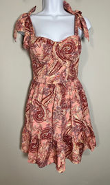BOG Collective Paisley Print Tiered‎ Mini Dress Tie Shoulder Pink XS Photo 0