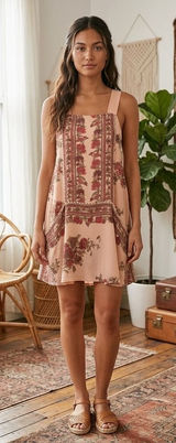 Free People Mini Slip Dress XS Tunic Peach Floral Border Print Open Back Boho Photo 0