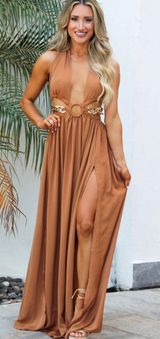 Carmel Cutout Tie Flowly Wrap Maxi Dress With Gold Chain Accents And Slit Photo 0
