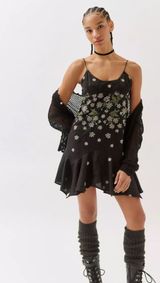 Urban Outfitters Black Sienna Embroidered Hanky Hem Mini Dress Size M NWOT Photo 0