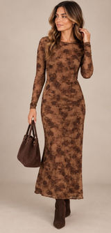 12th Tribe Casanova Brown Floral Mesh Maxi Dress Long Sleeve Brown Large Witchy Photo 0