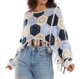 House Of Harlow 1960 Blue and Cream Crochet Fringe Sweater Shrug Coverup One Siz Photo 0