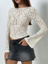 MOTEL Halfi Long Sleeve Top in Hibiscus Crochet Lace Ivory Photo 0