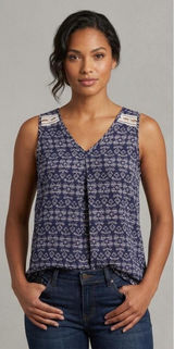 Papermoon Navy Blue White Geometric Print Lace Inset Sleeveless XS V-Neck Shirt Photo 0