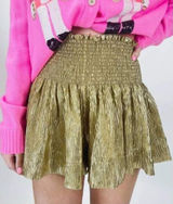 Queen of Sparkles Gold Metallic Smocked Waist‎ Pleated Shorts Womens Medium Photo 0