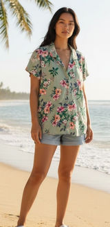 LOFT Outlet Sleep‎ Women's Green Floral Button Up Shirt Top Size M Photo 0