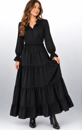 Boutique Black Tiered Ruffle Maxi Dress XL Long Sleeve Boho Romantic Photo 0