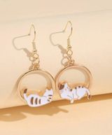 NEW Cat dangle drop hoop earrings, white and gold cat earrings, cat jewelry, cat lover gift Photo 0