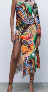 Zara Paisley Floral Print One Shoulder‎ Midi Dress Asymmetric Party Size XS Photo 0