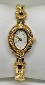 Allude gold tone women’s watch red stones 19mm floral links up to 7.5” running Photo 0