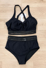 Cupshe Women's Mesh Striped Twisted Cutout Bikini Set High-Waist Black L NWT Photo 0