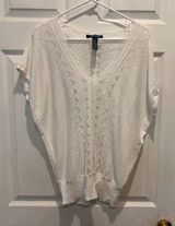 Lauren Ralph Lauren White Linen Cotton Pointelle Knit V-Neck‎ Dolman Sweater L Photo 0