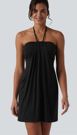 HALARA Halter Tie Back Mini Resort Dress with Pockets size Medium black NEW Photo 0