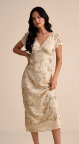 LULUS XS Ivory Puff Short Sleeve V Neck Floral Embroidered Midi Dress Back Slit Photo 0